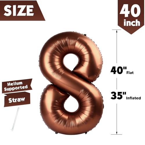 Image of 40 Inch Brown Number 8 Balloon Birthday Party Decorations for Men & Women | 40 Inch Brown inflatable foil number balloons, large birthday decorations for 8th birthday