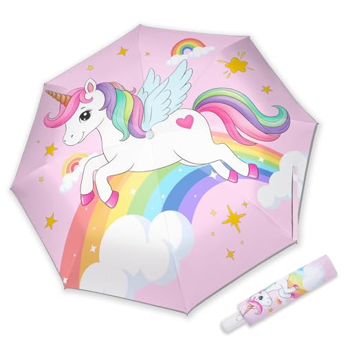omedecal Kids Folding Umbrella Auto Open & Close UV Resistant Anti-Rebound Safe Design 8-Rib Reinforced Canopy 360 Reflective Strip Lightweight Travel Umbrella for Girls (Unicorn)