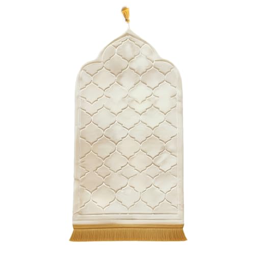 Muslim Prayer Mat Padded - 65x115cm Soft Flannel Islamic Sajadah Non-Slip Prayer Rug with Turkish Tassels Lightweight Foldable Ramadan Eid Gift Men Women Kids Daily Salah Meditation (Beige)