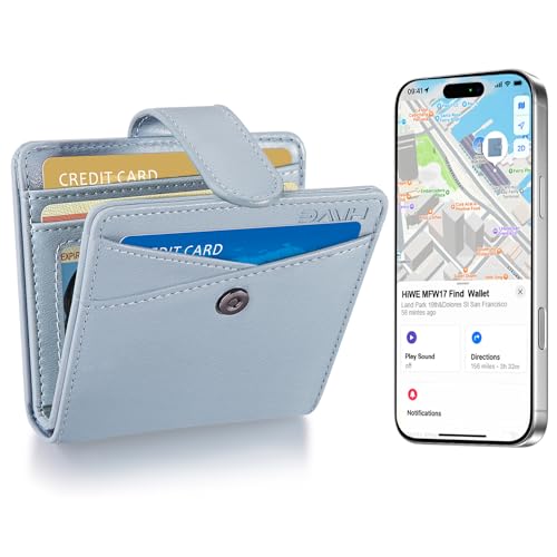 Small Womens Wallet, Bifold Wallets with Smart Anti-Loss Find My Tracker Built in, RFID Credit Card Holder, PU Leather, ID Window, Blue