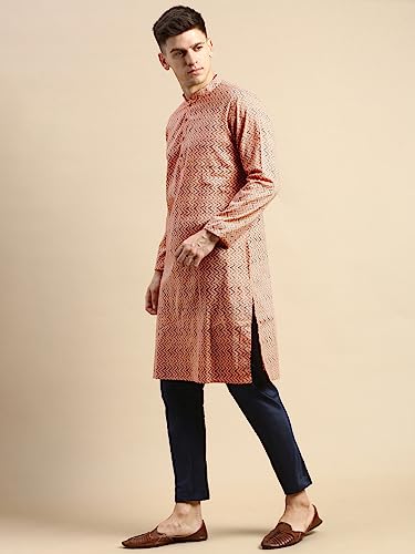 Image of Men's Black Art Silk Regular Fit Ethnic Motifs Kurta | Indian Kurta | Festive Ethnic Kurta with Embroidered Packet