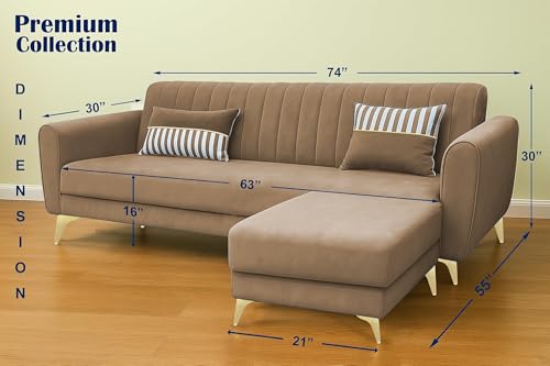 Image of Adorn India Premium Luster 4 Seater L Shape Sofa Set | Velvet Suede Fabric | 3-Year Warranty | Color Camel with Golden Legs & Striped Pattern Cushion