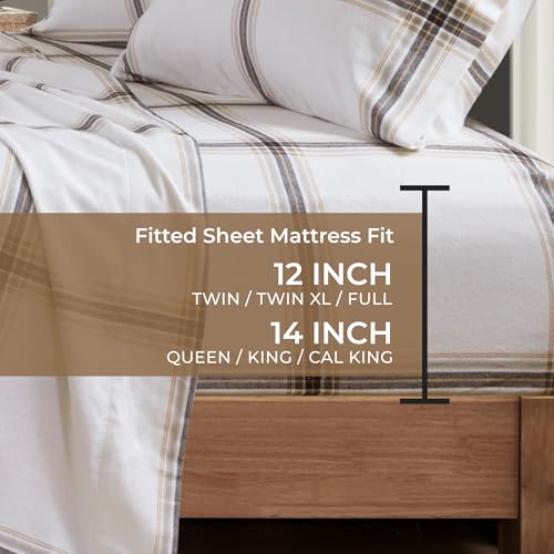 Image of Woolrich Cotton Sheet Set Cottage Charms Print, 100% Cotton Flannel Sheets Warm & Fuzzy Bedding Set Queen Size Sheets, Fitted Pocket Fits Up to 14 inch Mattress, Queen Tan Plaid 4 Piece