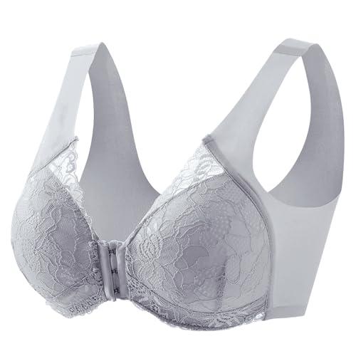 Grey Smoothing No Underwire Push Up Lace Bralette Anti Sagging Floral Front Closure Bras Support Seamless Deep V Travel Bras for Older Women
