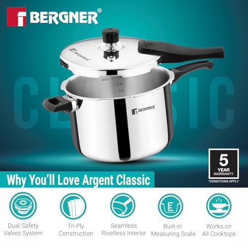 Image of Bergner Argent Classic Triply Stainless Steel 8 Liters Outer Lid Pressure Cooker, Big Size Triply Cooker with Resettable Safety Valve, Sturdy Handle, Easy to Clean - Induction and Gas Stove Ready