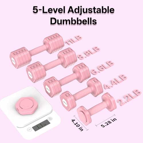 Image of JOROTO 5-in-1 Adjustable Dumbbell Set, 8LB /11LB Pair Adjustable Weights for Women at Home, 1s-Adjust Dual Locking Stable Hand Weights with TPE Soft Handle, Home Gym, Rehab, Pilates, Yoga, Strength Training