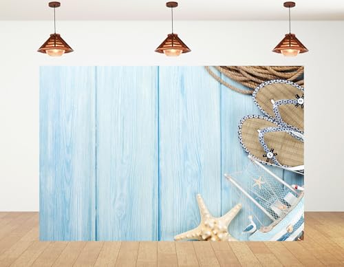 9x6ft Beach Themed Light Blue Wooden Backdrop Flip Flops and