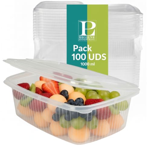 Prieto Larrey - Pack 100 Envases Reutilizables con Tapa Bisagra 1000 ml - Resistentes y Duraderos - Tupper Apto para Microondas y Reciclable - Para Alimentos Calientes o Fríos