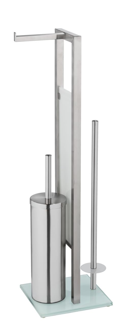 WENKO Combiné WC Rivalta | 3 en 1| Brosse WC fermée et Dérouleur Papier Toilette | Stockage Papier | Tête de Brosse remplaçable | Acier INOX Noir et Verre trempé Noir| 18x70x23 cm | Argent Mat