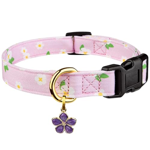 Cotton Dog Collar Purple Flower with Pendant Cute Dog Collar M