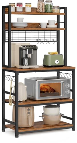Image of 5-Tier Kitchen Organizer Rack|Multipurpose Microwave Stand for Kitchen Platform & OTG Oven|Steel Utensils Storage Shelf with Hooks | Engineered Wood & Metal Rack for Home | 80x40x170 cm | Rustic Brown