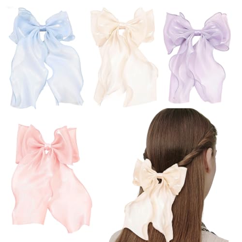 Image of PALAY 4 Pcs Bow Hair Clips for Women Girls Stylish Colorful Long Tail Ribbon Large Tulle Barrettes Vintage Style Elegant Hair Accessories for Woman Daily Wear