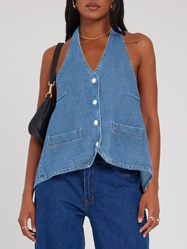 Image of Tankaneo Womens Halter Denim Vest Tops Summer Sleeveless Open Back Y2K Going Out Jean Tank Tops V Neck Button Up Waistcoat
