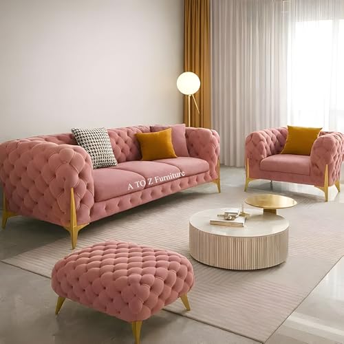 Image of A to Z Furniture Modern Classic Fabric & Valvet Tufted Chesterfield Sofa Living Room and Office (3+1= 4 Seater Sofa Set Wth Footrest Ashrose)