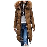 SSLLM Damen Winter Parka Lang Warm Steppmantel Daunenjacke mit Kunstfell Kapuze Slim Fit Reißverschluss Damenmantel Steppjacke Outdoor Leichte Daunenjacke Softshelljacke mit Taschen, Gelb, L