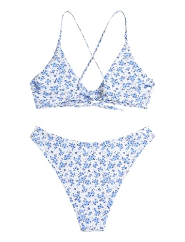 Image of ZAFUL Women's Tie Back Padded High Cut Bralette Bikini Set Two Piece Swimsuit