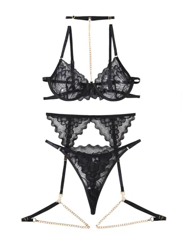 Image of Lilosy Sexy Choker Floral Lace Scallop Sheer Underwire Push Up Garter Belt Lingerie Set 3 Piece