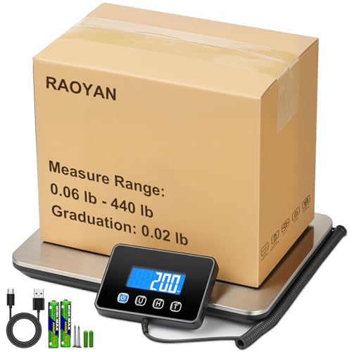 RAOYAN Shipping Scale, 440lb/0.5oz High Accuracy Digital Postal Scale with LCD Display, Hold/Tare Function, Shipping Scale for Package, Luggage, Warehouse (Including 2 Batteries, Charging Cable)