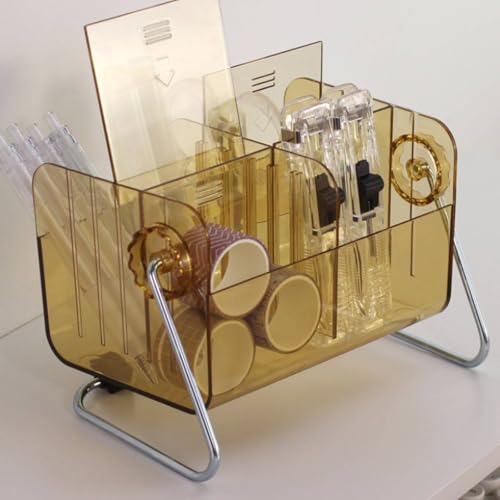 Woideklu Desk Pen Holder Rotating Organizer Stationery Organizer Desktop Office Storage with Customizable Compartments and 360 Degree Rotation Transparent PET for dorm rooms office study, Brown - Image 7