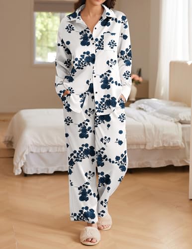 Ekouaer Womens Satin Silky Pajama Set 2 Piece Print PJs Soft Loungewear Button Down Sleepwear with Elastic Waist Long Pants