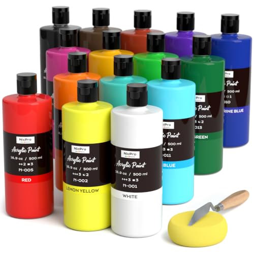 Image of Nicpro 15 Colors Large Bulk Acrylic Paint Set 16.9 oz / 500 ml, Craft Paint