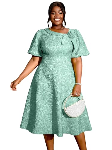 Image of AOMEI Women's Irregular Neck with Flower Short Puff Sleeve High Waist A-Line Jacquard Dress
