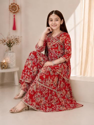 Image of Preneum Girls's Cotton Rayon Gota Pati Floral Printed Angrakha Kurta with Sharara
