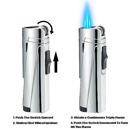 Bbsisgo Continuous Triple Jet Flame Flint Torch Lighter With Extra 6 Flints And Replacement Tools, Refillable Windproof Butane Lighter With Large Visible Fuel Window, Silver(Sold Without Gas) #TOP2