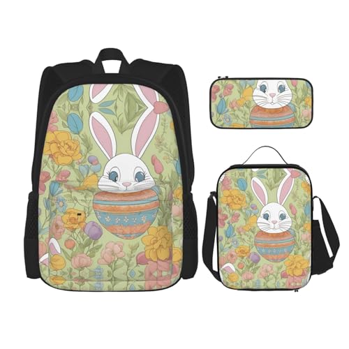 Easter Bunny Floral Print 3-Piece Set Backpack, Lunch Bag And Pencil Case, For Travel, College, And Daily Use