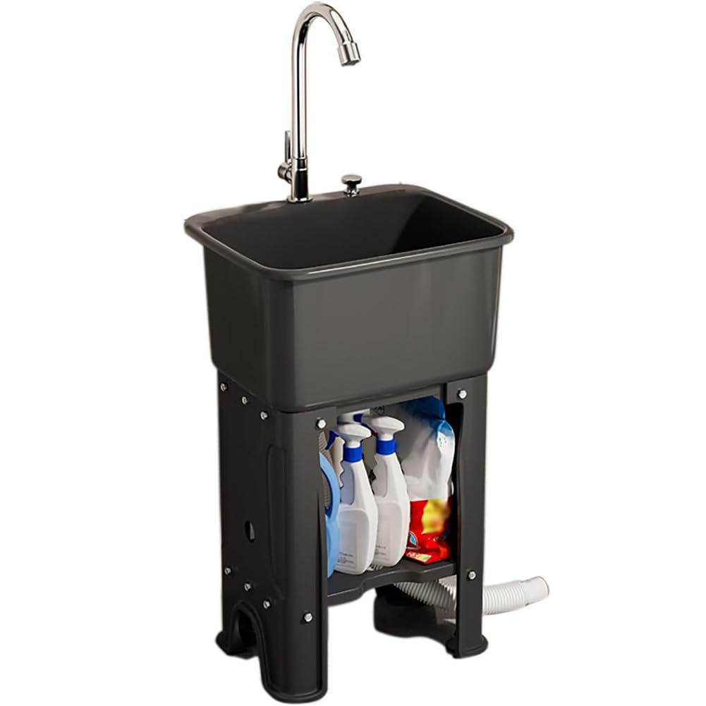 CSXSXAUO Freestanding Laundry Sink with Washboard, Storage Shelves, and Downpipe for Basement, Garage, or Garden Wash Stations