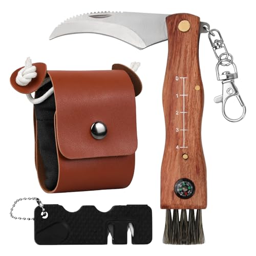 Wisebom Cuchillo de Setas Plegable con Cepillo y Regla, Navaja de Acero Inoxidable para Hongos, Brújula Portátil, Exterior y Camping