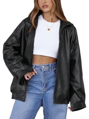 SHELOOKS Womens Leather Jackets Faux Oversized Motorcycle Bomber Coats Fall Outfits Winter Fashion Clothing (Black, Small)