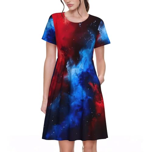 Robe d'été galaxie rouge et bleu fluide au tombé impeccable