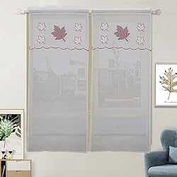 Cortinas Para Cocina Lisas FYJS Par de cortinas de ventana con encaje bordado flor cortina cocina moderna lino poliéster Shabby Chic color liso 2 unidades blanco (hoja de arce, 60 x 150 cm)