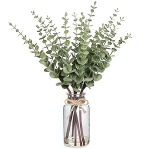 VIERENA 17.5″ Artificial Eucalyptus Stems in Glass Vase with Faux Water,Fake Plant Eucalyptus Leaves White Seeds for Centerpiece Table Decorations Farmhouse Wedding Home Greenery Decor (Sage Green)