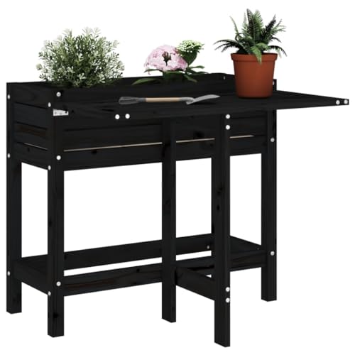 Mokuyary Maceta de jardín con mesa plegable, cama de jardín elevada de pino de madera maciza negra, maceta para cultivar verduras, flores y hierbas