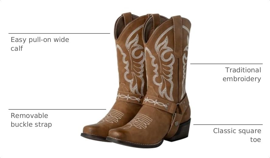 Image of J's.o.l.e Women's Square Toe Cowgirl Cowboy Boots Mid Calf Western Riding Boots with Fashion Buckle Strap