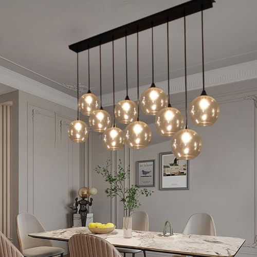 Image of SAH 10-Light Globe Cluster Chandelier Light Clear Glass Hanging Ceiling Fixture for Living Room,Elegant Contemporary Design with Adjustable Cords, Perfect for Home Interiors (with Bulb)
