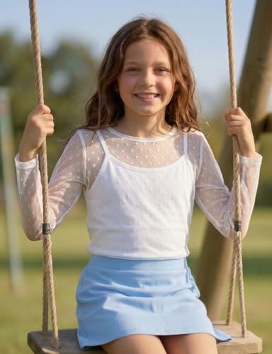 Image of Noomelfish Girls Lace Layering Tops Sheer Mesh Tee Shirts Blouse (5-12 Years)