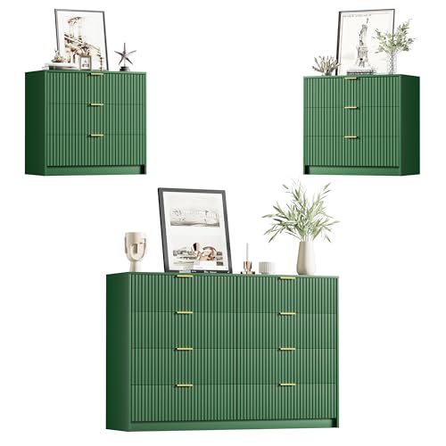 Image of Furniway Green Dresser Bedroom Set 3 Pieces, Nightstands Sets of 2, 8 Drawer Dresser with Gold Handles for Bedroom