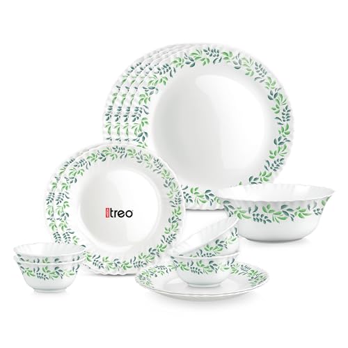 Image of Treo By Milton Opalware Aurelia Verdinia Dinner Set of 13 | Serving for 4 | Microwave & Dishwasher Safe | Bone-Ash Free | Tempered Toughness | Plates & Bowls | Crockery Set for Dining & Gifting |White