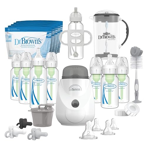 Image of Dr. Brown's Anti-Colic Options+ Newborn All-In-One Gift Set with Bottle Warmer, HappyPaci Pacifiers, Cleaning Brush, Formula Dispenser and Mixing Pitcher, 0m+ (Packaging/Bottle Brush Color May Vary)