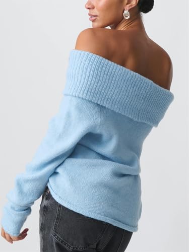 Image of Women Cute Off The Shoulder Sweater Sexy Long Sleeve Slouchy Knit Loose Fit Pullover Top Going Out Knitwear Jumper