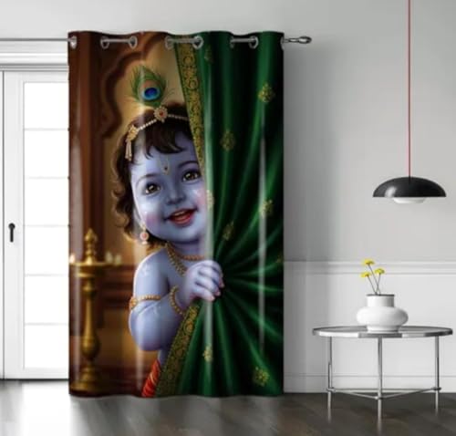 Image of Digital Printed Curtain with Pink Rose and Butterfly Design, 7 Feet, Grommet Top, White (4, Bal Krishna Curtain 1, 7 Feet)