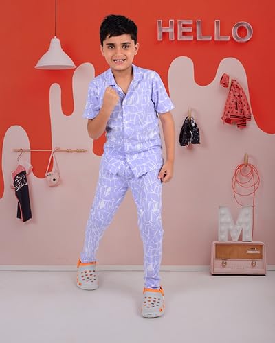 Image of 3BROS Unisex Pure Cotton Short Sleeve Kids Night Dress for Boys & Girls Nightwear /Sleepsuit /Sleepwear /Loungewear Night Suit for Boys and Girls Top and Pyjama Combo Set | JB20HS6031-Parent