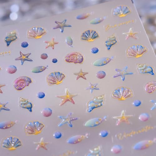 Image of Ocean Nail Stickers Conch Shell Starfish Nail Art Decals with Gold Design 5D Embossed Self Adhesive Nail Stickers Manicure Accessories Supply for Women Girls Kid Nails Charms