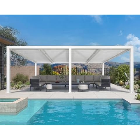 PURPLE LEAF Outdoor Louvered Pergola 14' x 20' White Aluminum Pergola Modern Shade Gazebo with 4 Independently Adjustable Rainproof Hardtop for Patio Garden Yard Cover