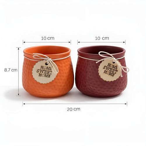 Image of Xtore Charming Textured Ceramic Planter Set with Wooden Tag Accent | Rustic Indoor Plant Pots for Desk, Shelf & Home Decor (Pack of 2, Planter only)