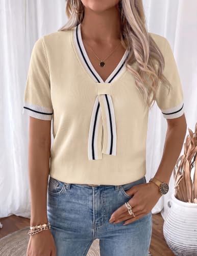 Image of Libsorge Womens Lightweight Cute Bow Tie Sweater Spring 2026 Business Casual Outfits V Neck Short Sleeve Tops