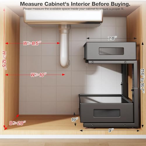 Image of 2 Packs 19IN Depth Under Sink Organizer, 2-Tier Pull Out Cabinet Organizer With Smooth Circular Rail, Large Capacity Metal Mesh Sliding Drawers For Bathroom& Kitchen Storage,Height Adjustable -Black